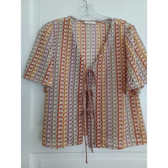 Les Amis crochet tie front top womens L boho hippie 70s indie open weave blouse - Picture 2 of 11